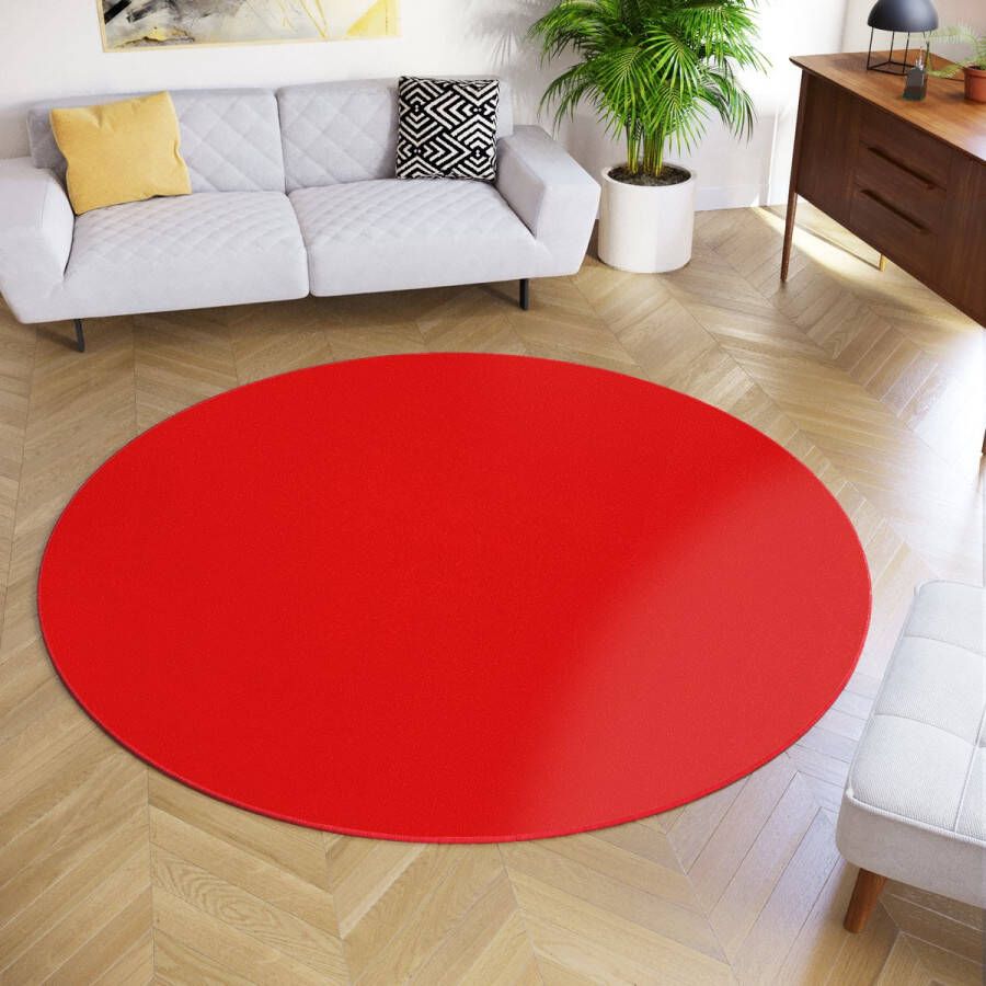 Tapiso Mono Rond Vloerkleed Rood Laagpolig Effen Tapijt Maat- 120x120