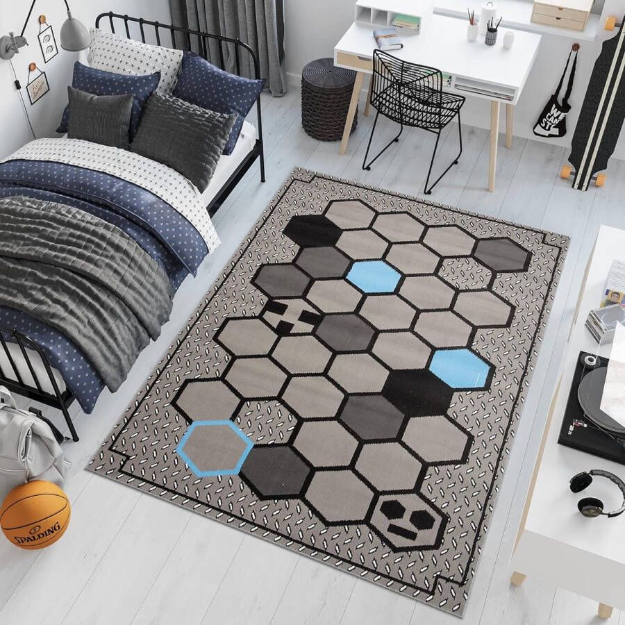 Tapiso Patras Vloerkleed Grijs Blauw Zwart Jeugdkamer Kinderkamer Kleed Tapijt Maat- 80x150