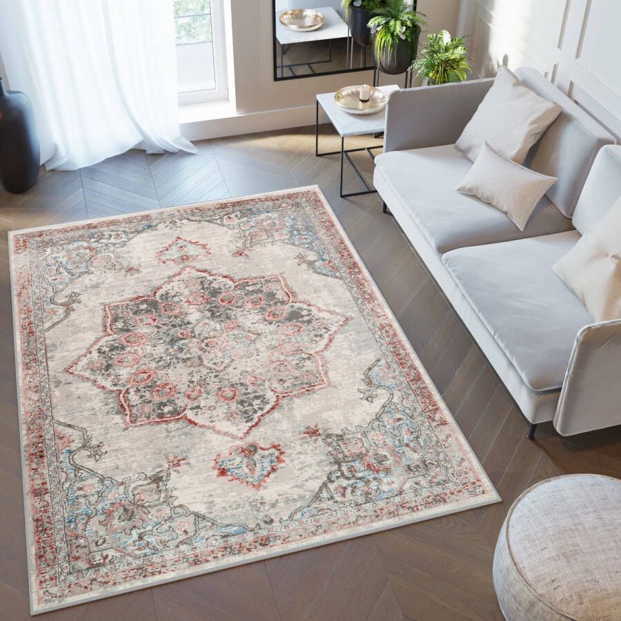 Tapiso Retro Vloerkleed Retro Rood Grijs Lotusbloem Vintage Tapijt Maat- 180x250