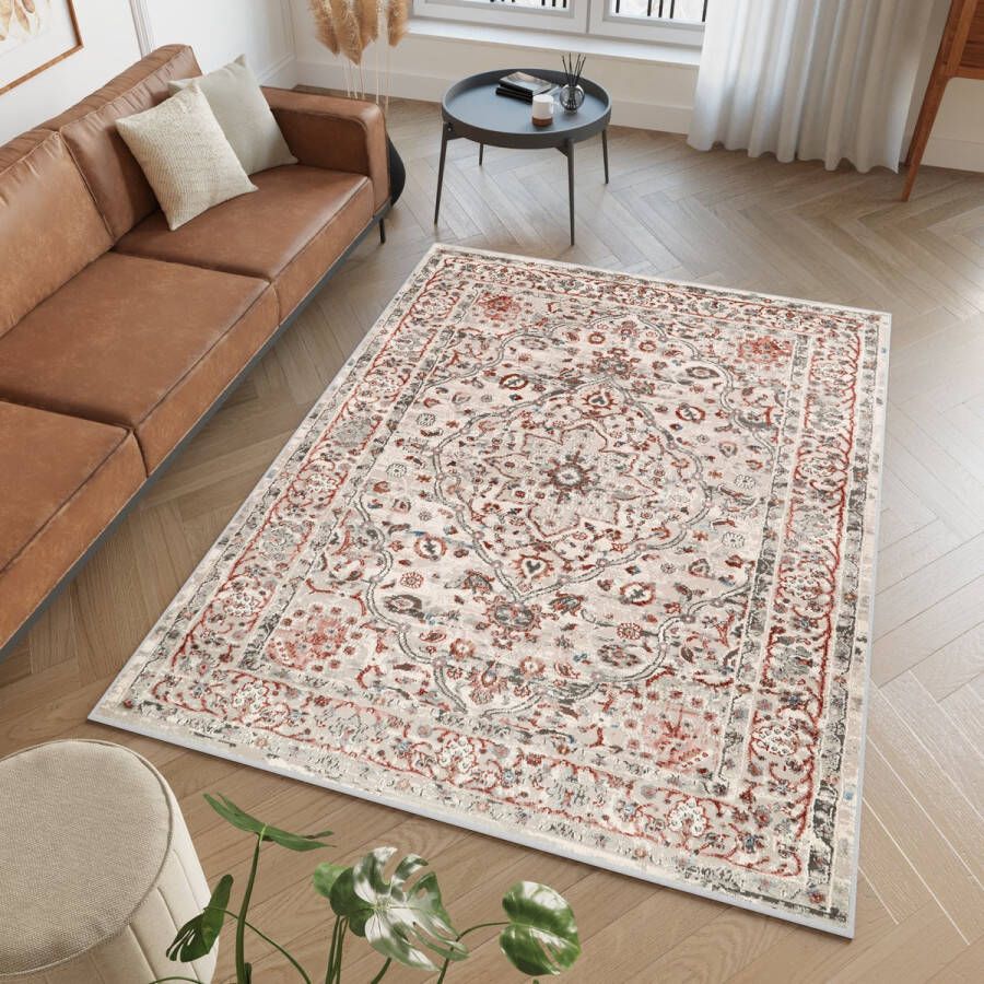 Tapiso Retro Vloerkleed Retro Rood Grijs Oriental Vintage Tapijt Maat- 200x300