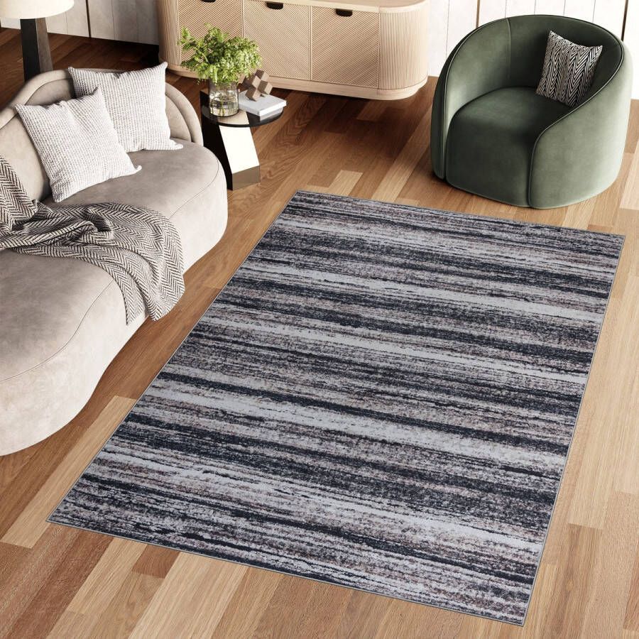 Tapiso Ritz Vloerkleed Grijs Katoen Antislip Woonkamer Lijnen Tapijt Maat- 160x220