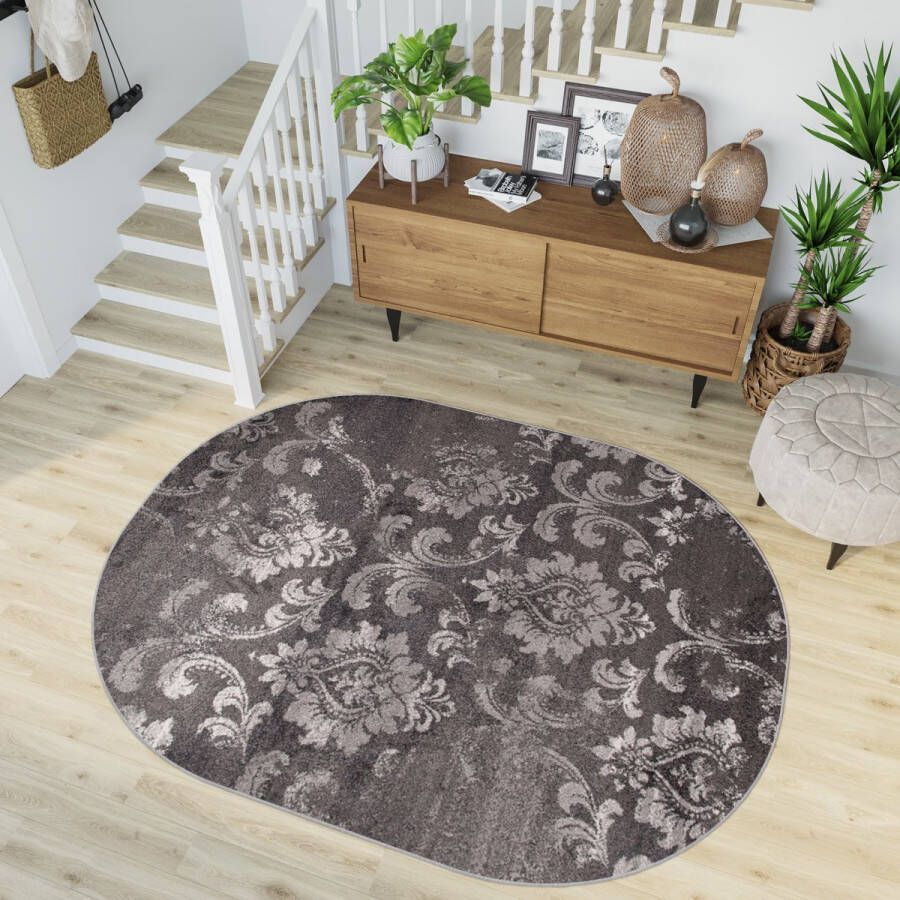 Tapiso Sari Vloerkleed Grijs Ovaal Modern Gebloemd Slaapkamer Woonkamer Tapijt Maat- 120x156