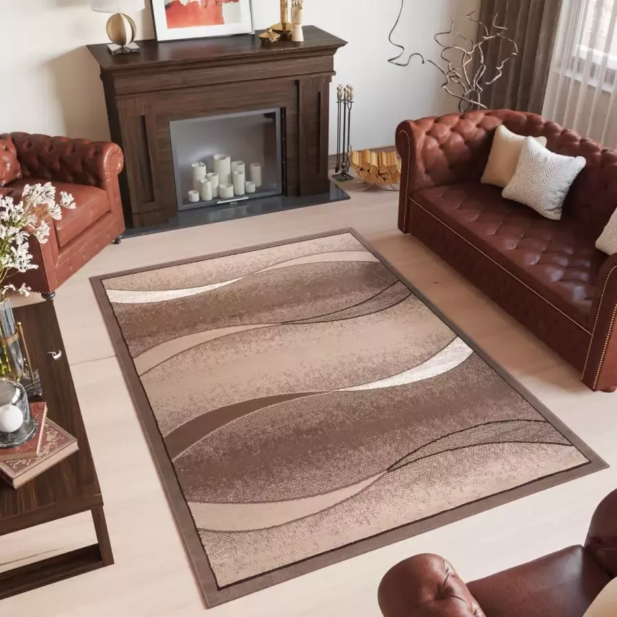 Tapiso Scarlet Deluxe Vloerkleed Beige Bruin Golven Tapijt Maat- 120x170