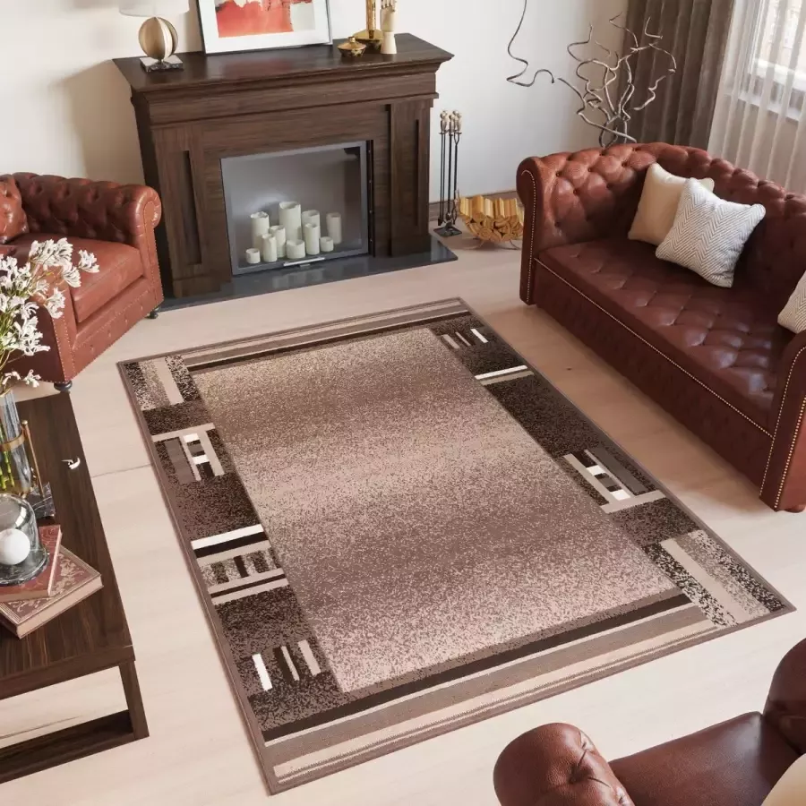 Tapiso Scarlet Deluxe Vloerkleed Bruin Beige Frame Tapijt Maat- 240x340