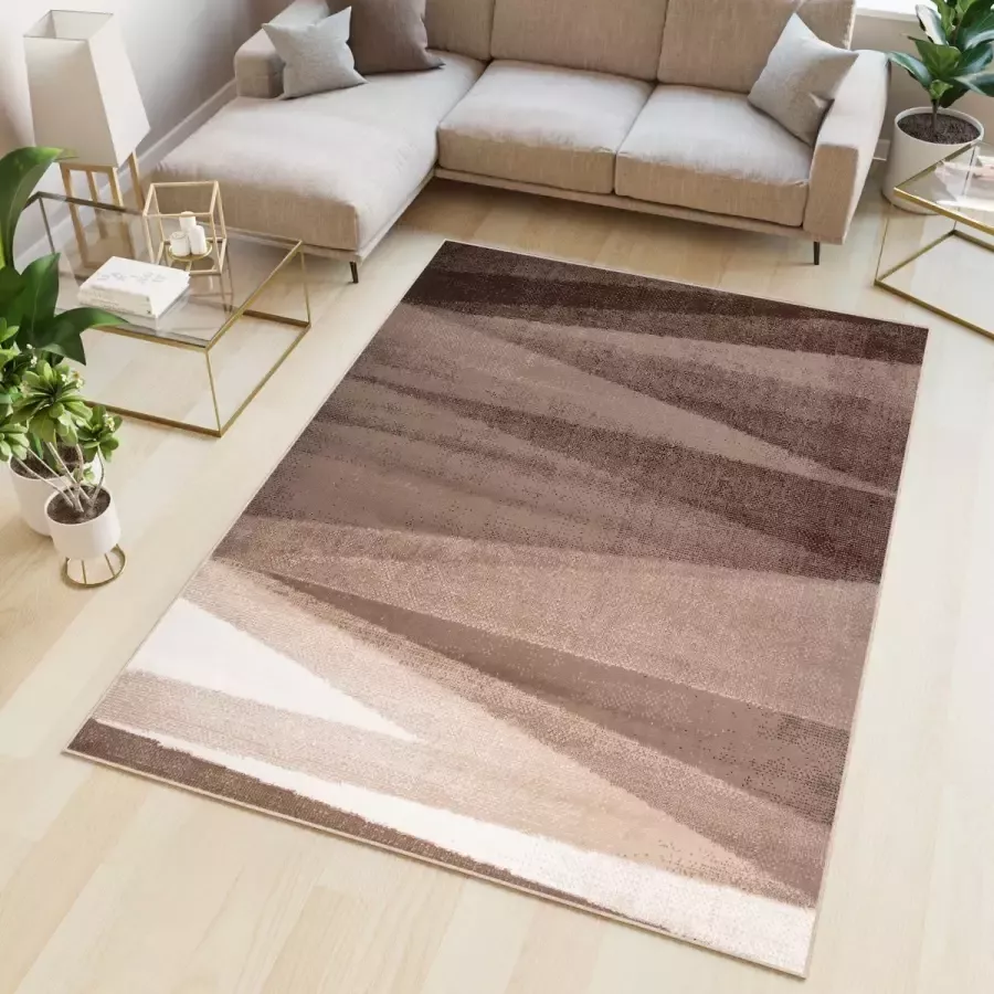 Tapiso Scarlet Deluxe Vloerkleed Bruin Beige Lijnen Modern Tapijt Maat- 160x230