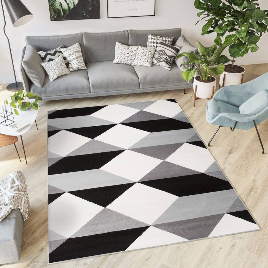 Tapiso Scarlet Deluxe Vloerkleed Grijs Wit Zwart Modern Tapijt Maat- 200x300