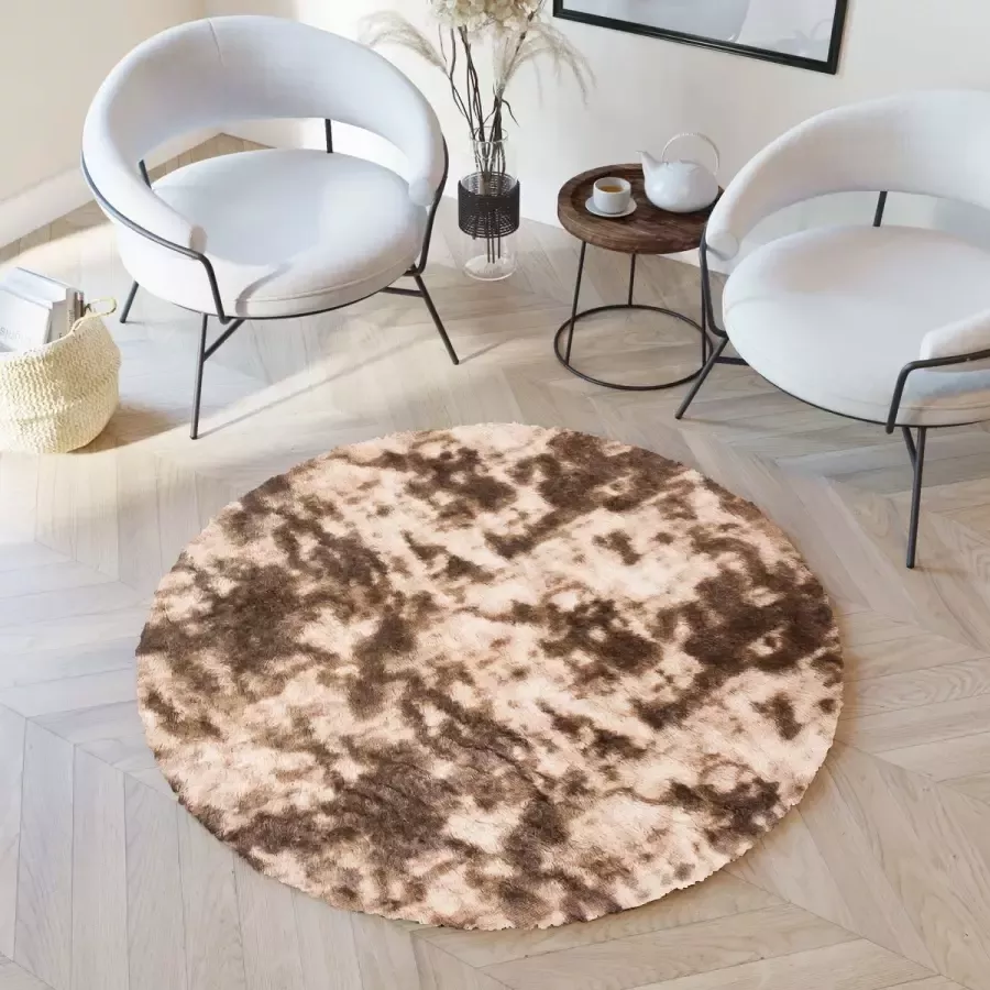 Tapiso Silk Dyed Vloerkleed Rond Antislip Shaggy Bruin Tapijt Maat- 80x80