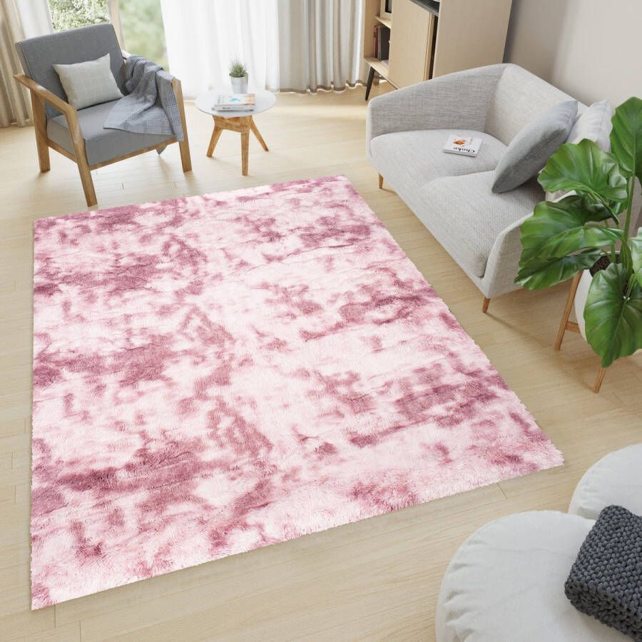 Tapiso Silk Dyed Vloerkleed Roze Hoogpolig Antislip Modern Woonkamer Slaapkamer Tapijt Maat- 80x150