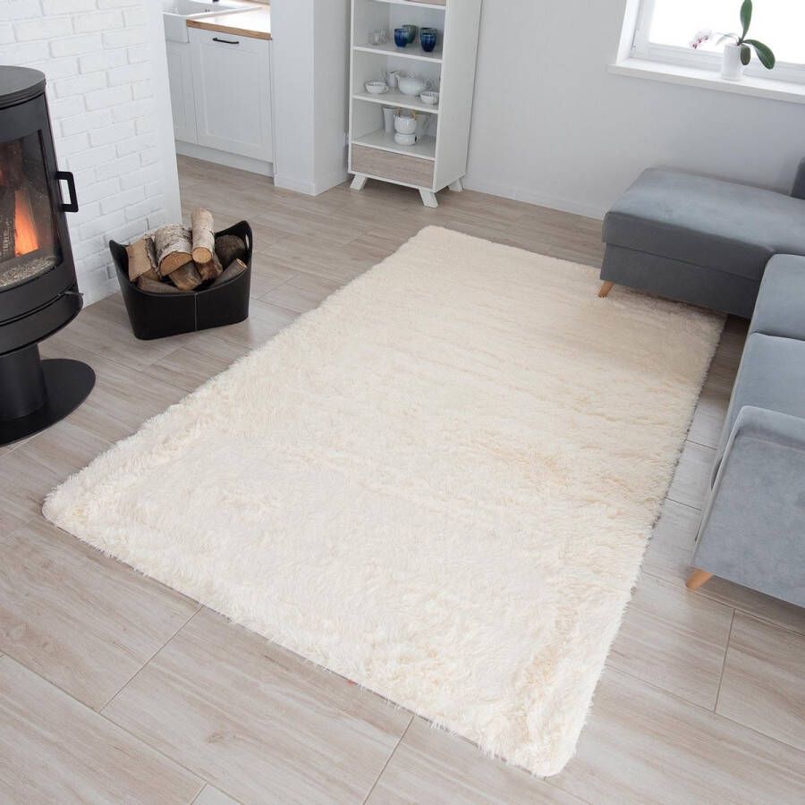 Tapiso Silk Vloerkleed Beige Creme Hoogpolig Woonkamer Tapijt Maat- 120x170