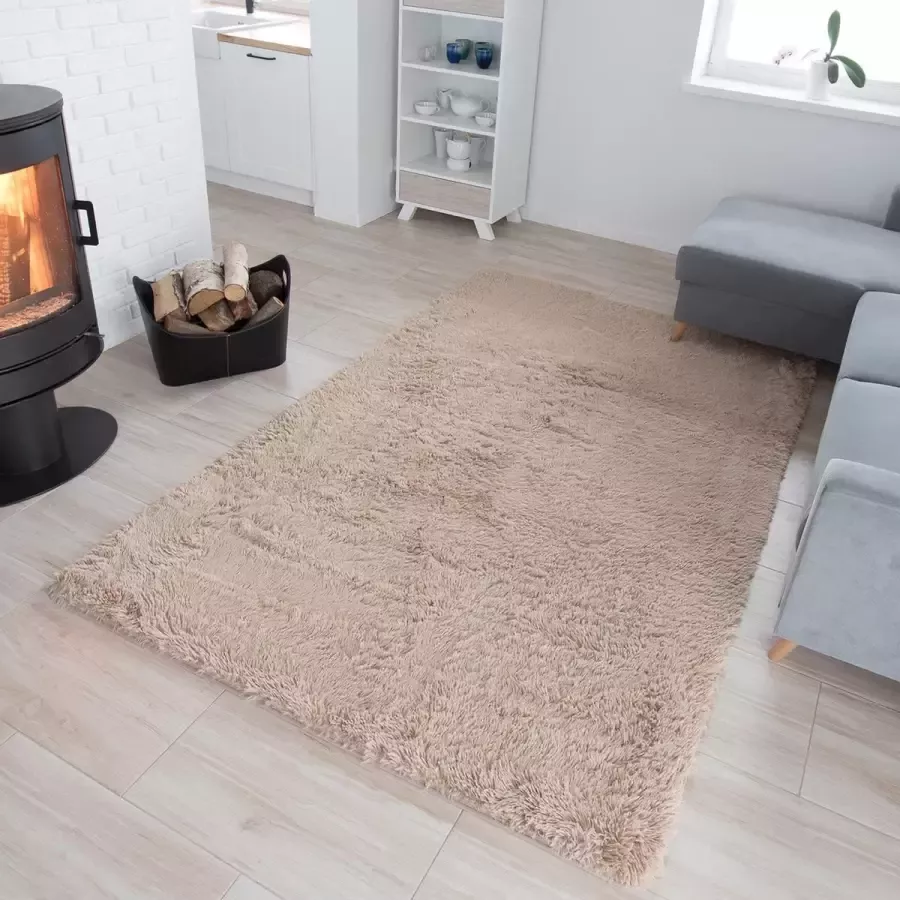 Tapiso Silk Vloerkleed Beige Licht Hoogpolig Woonkamer Tapijt Maat- 200x300