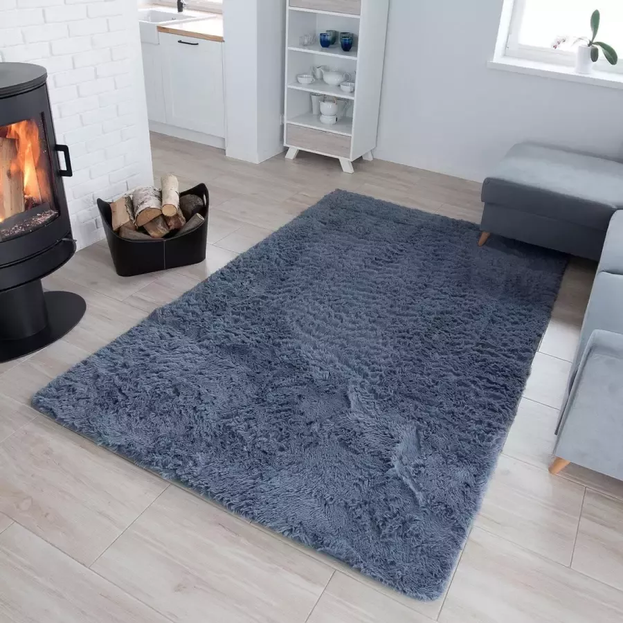 Tapiso Silk Vloerkleed Blauw Grijs Hoogpolig Woonkamer Tapijt Maat- 140x200