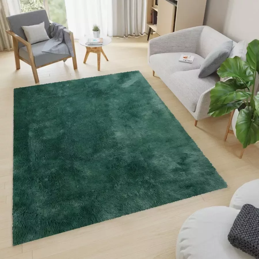 Tapiso Silk Vloerkleed Donkergroen Hoogpolig Woonkamer Tapijt Maat- 140x200