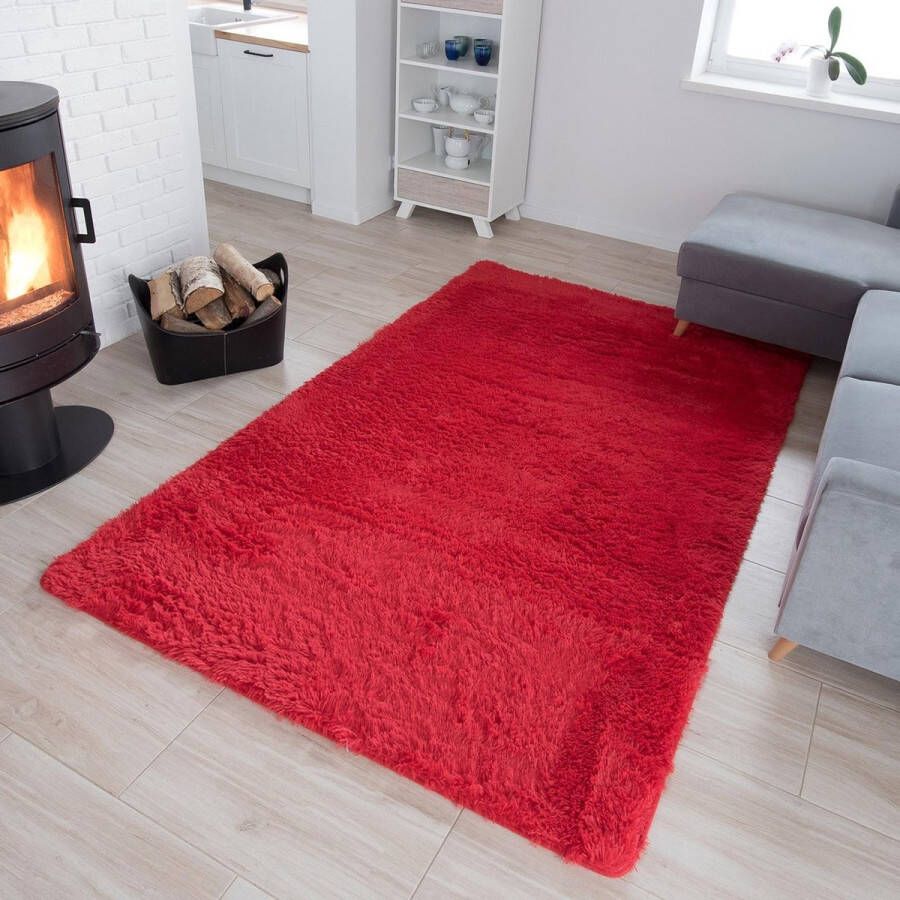 Tapiso Silk Vloerkleed Rood Hoogpolig Woonkamer Slaapkamer Tapijt Maat- 80x150