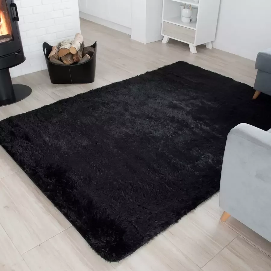 Tapiso Silk Vloerkleed Zwart Antraciet Hoogpolig Shaggy Fluffy Tapijt Maat- 120x170