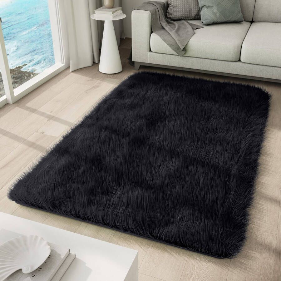 Tapiso Silk Vloerkleed Zwart Antraciet Hoogpolig Shaggy Fluffy Tapijt Maat- 160x230