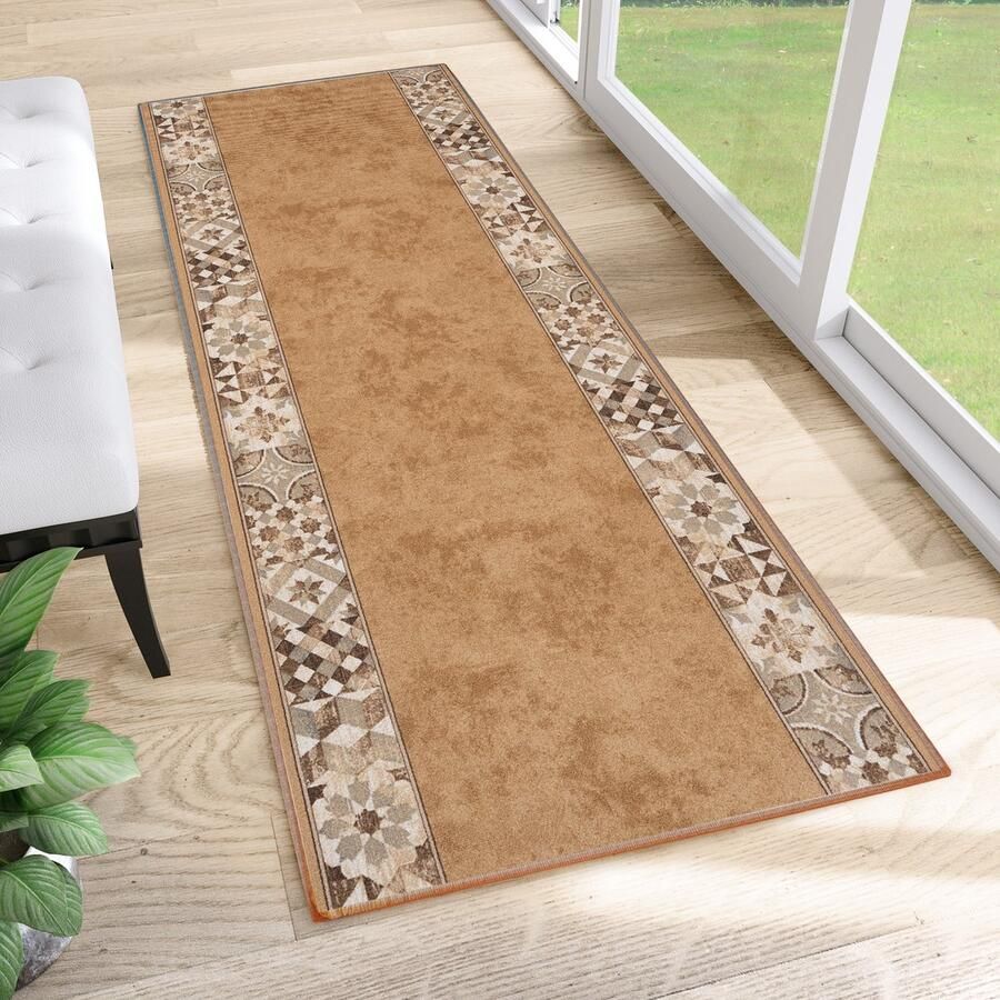 Tapiso Antislip Rubber Loper Vloerkleed Mat Bruin Beige Oriental Gang Woonkamer Rubbermat Tapijt Maat- 80x400
