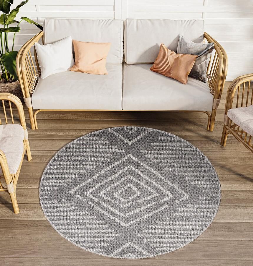 Tapiso Arruba Rond Vloerkleed Grijs Buitenkleed Indoor Woonkamer Tapijt Maat- 100x100