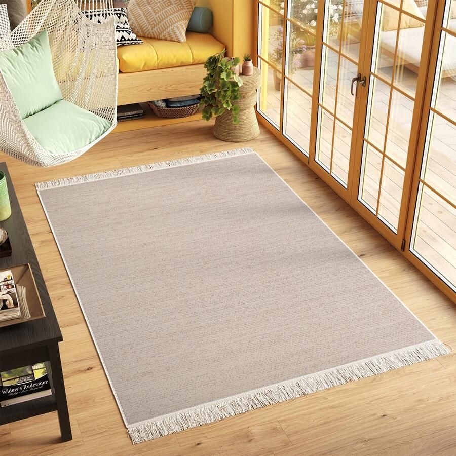 Tapiso Azteca Vloerkleed Beige Woonkamer Katoenen Dubbelzijdig Tapijt Maat- 80x300