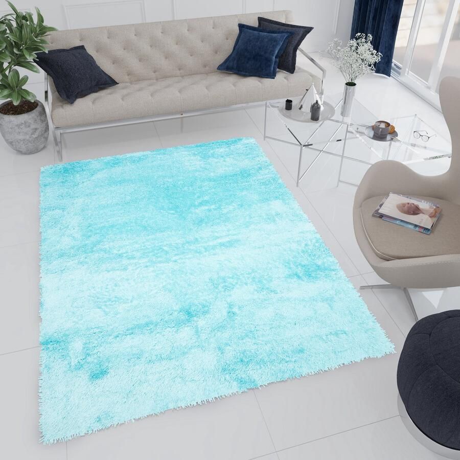 Tapiso Bird Hoogpolig Vloerkleed Woonkamer Blauw Shaggy Tapijt Maat- 140x190