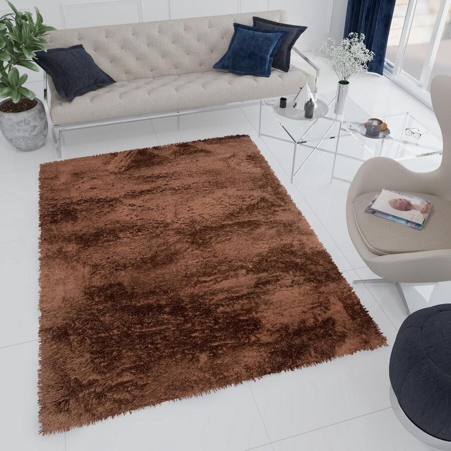 Tapiso Bird Hoogpolig Vloerkleed Woonkamer Bruin Shaggy Tapijt Maat- 140x190