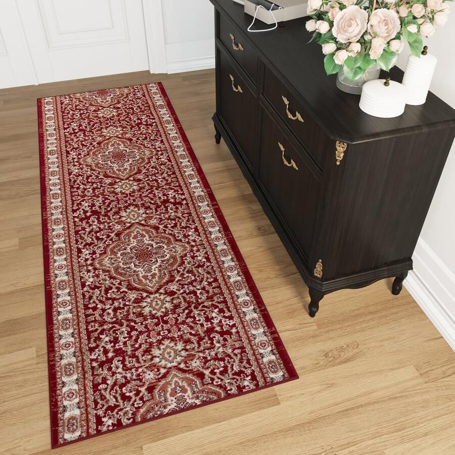 Tapiso Colorado Tapijt Loper Rood Medaillon Woonkamer Slaapkamer Hal Maat 80x250
