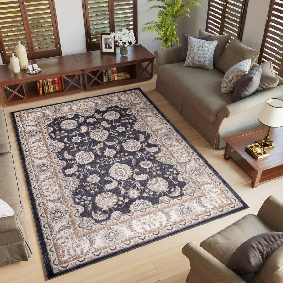 Tapiso Colorado Vloerkleed Beige Zwart Woonkamer Gebloemd Tapijt Maat- 60x100