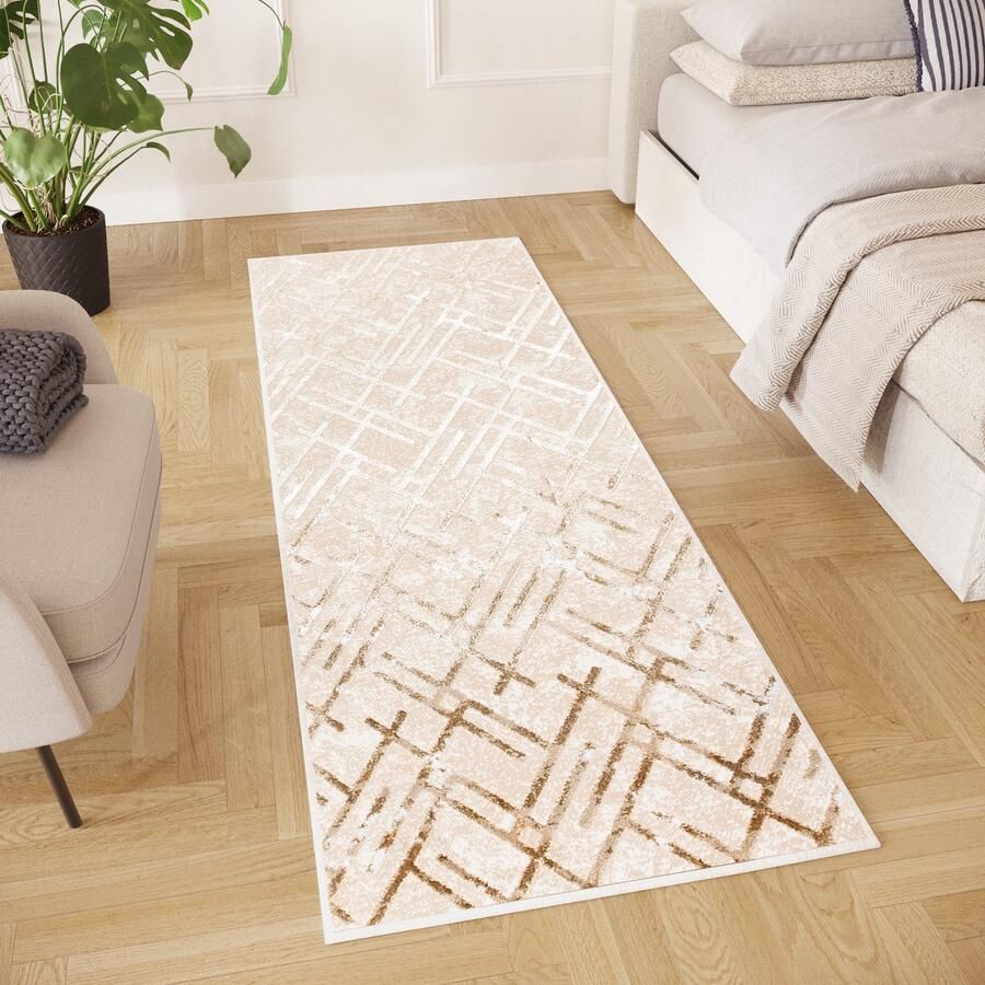 Tapiso Crystal Loper Tapijtloper Beige Laagpolig Kleed Vloerkleed Maat- 80x200