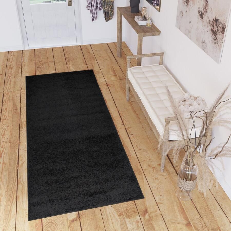 Tapiso Delhi Loper Vloerkleed Tapijt Zwart Hoogpolig Fluffy Op Maat- 120x200