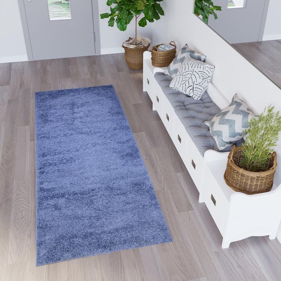 Tapiso Delhi Tapijtloper Vloerkleed Hoogpolig Blauw Op Maat- 100x1500