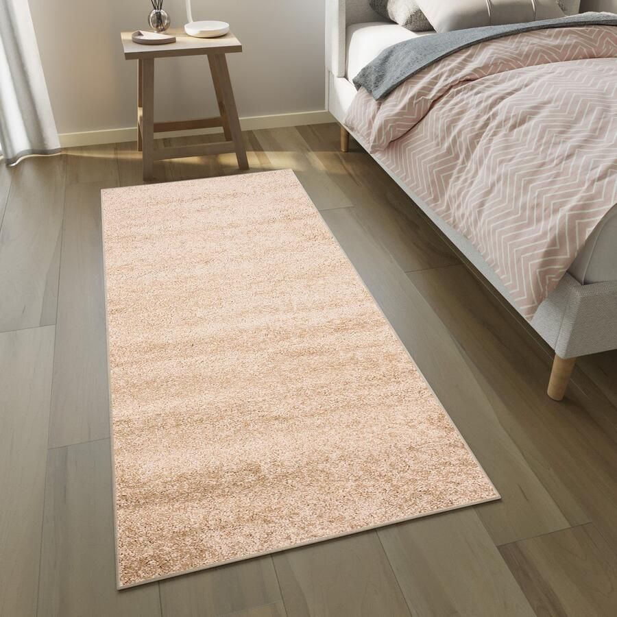 Tapiso Delhi Vloerkleed Loper Hoogpolig Beige Fluffy Op Maat- 80x600