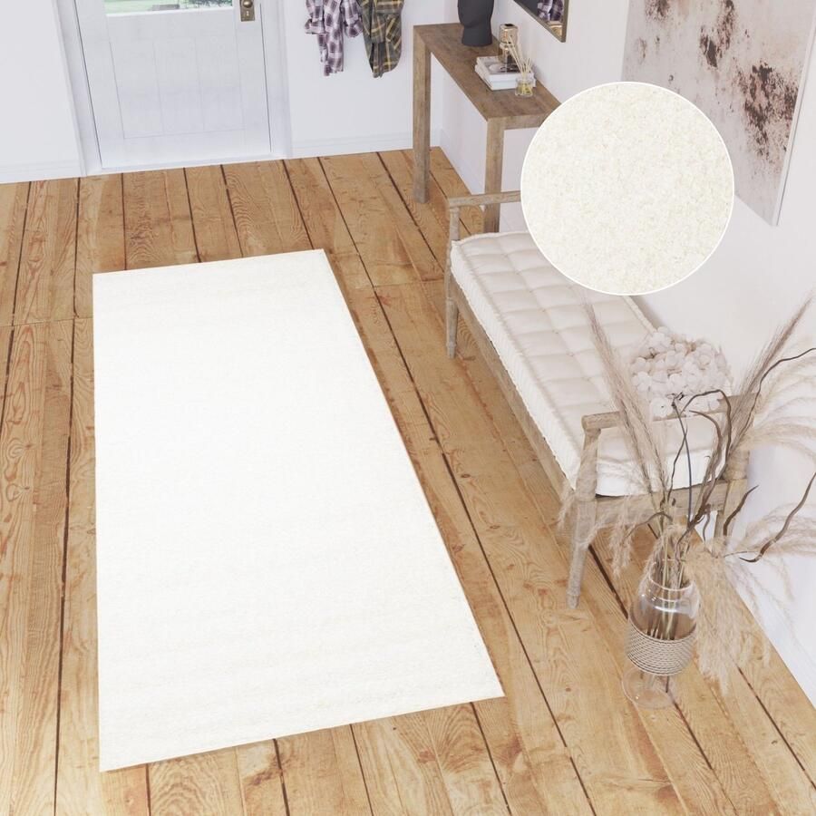 Tapiso Delhi Vloerkleed Wit Hoogpolig Loper Maat- 80x200