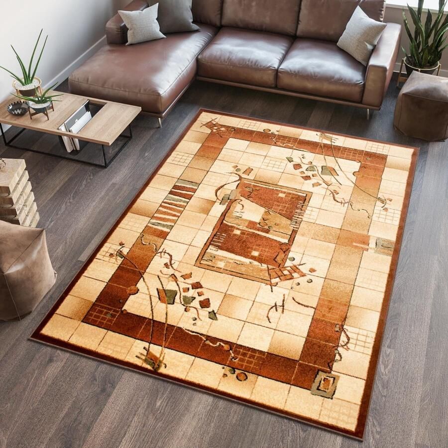 Tapiso Dorian Vloerkleed Woonkamer Slaapkamer Creme Beige Lichtbeige Modern Frame Tegel Motief Design Sfeervol Duurzaam Hoogwaardig Tapijt Maat 150x295
