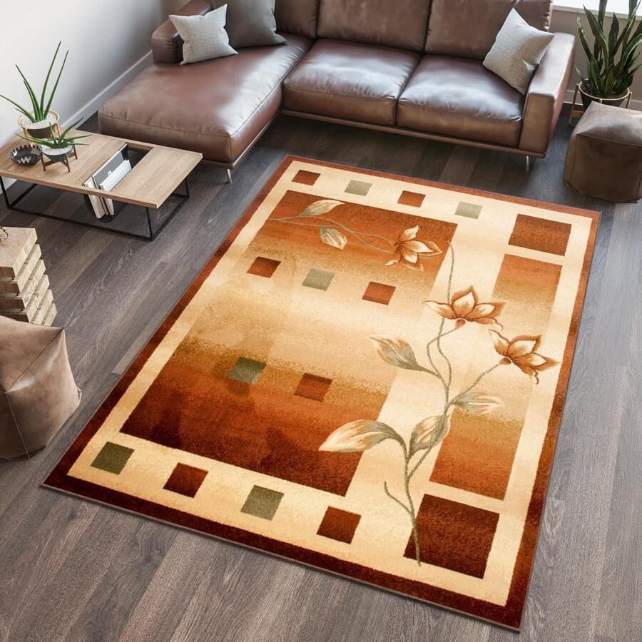Tapiso Dorian Vloerkleed Woonkamer Slaapkamer Bruin Beige Creme Lichtbeige Bloemen Modern Abstract Design Sfeervol Duurzaam Hoogwaardig Tapijt Maat 60x100