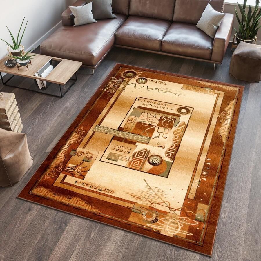 Tapiso Dorian Vloerkleed Woonkamer Slaapkamer Bruin Beige Creme Modern Abstract Frame Design Interieur Duurzaam Hoogwaardig Tapijt Maat 110x195