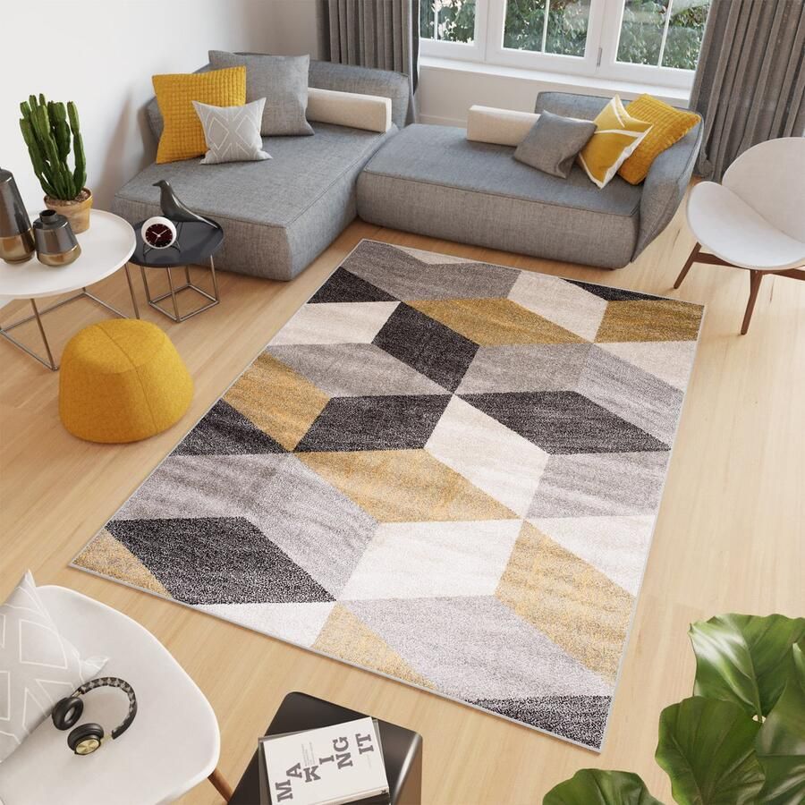 Tapiso Elefanta Vloerkleed Grijs Geel 3D-Effect Modern Woonkamer Tapijt Maat- 60x100