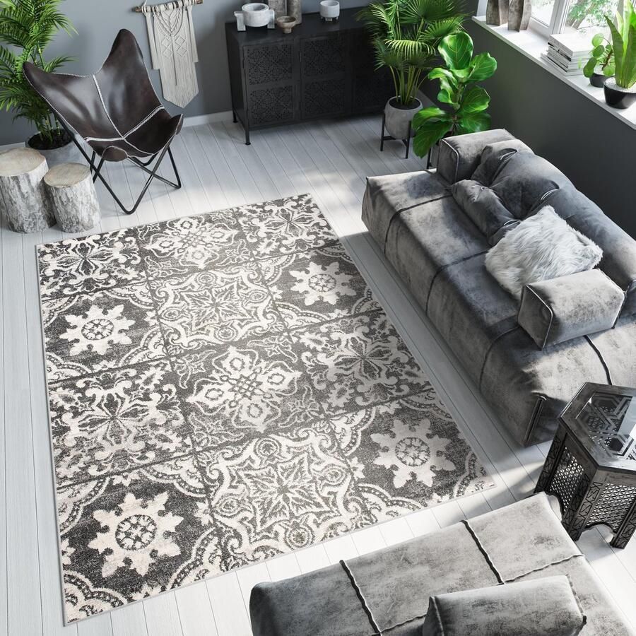 Tapiso Ethno Vloerkleed Woonkamer Slaapkamer Antraciet Creme Mozaiek Abstract Sfeervol Design Trendy Praktisch Duurzaam Hoogwaardig Tapijt Maat 140x200