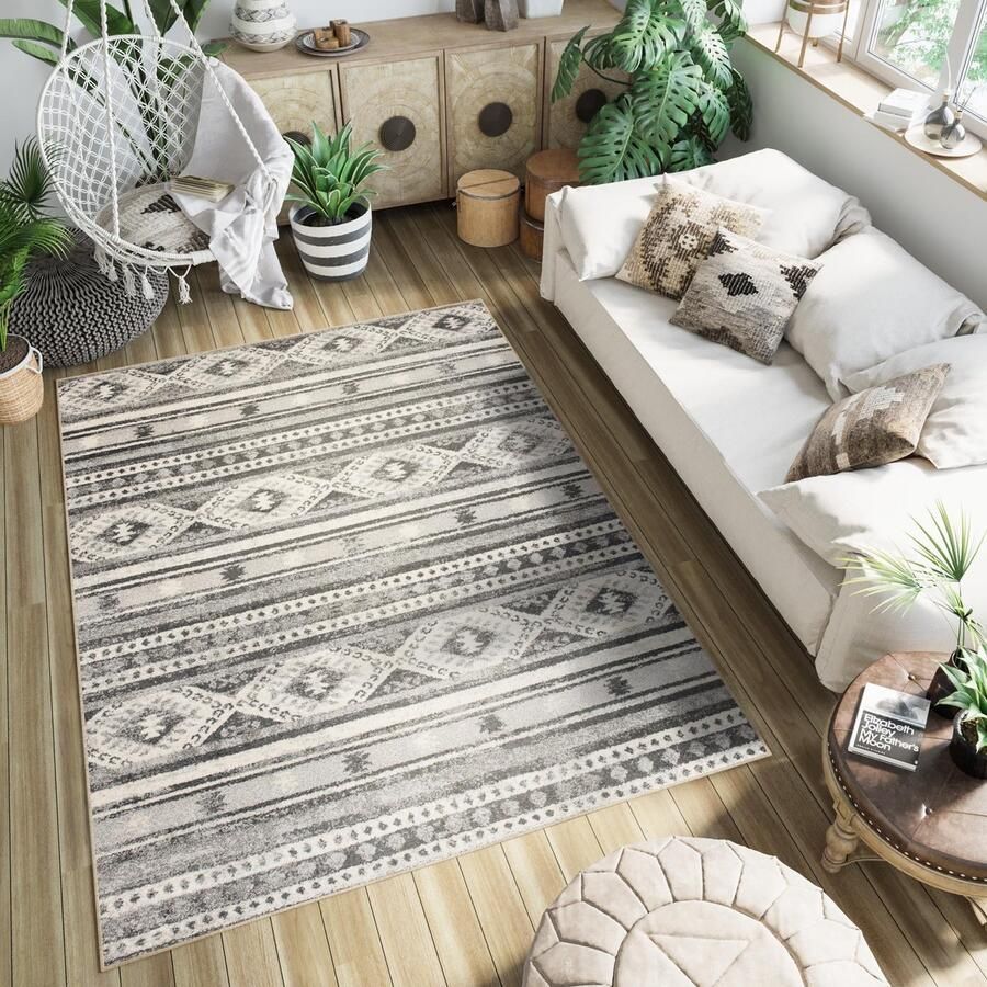 Tapiso Ethno Vloerkleed Woonkamer Slaapkamer Antraciet Vintage Abstract Driehoek Lijnen Sfeervol Design Woonsfeer Duurzaam Hoogwaardig Tapijt Maat 200x300