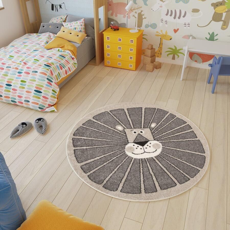 Tapiso Fiesta Vloerkleed Beige Grijs Leeuw Kinderkamer Tapijt Maat- 133x133