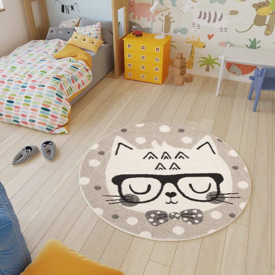 Tapiso Fiesta Vloerkleed Beige Grijs Poesje Kinderkamer Tapijt Maat- 100x100