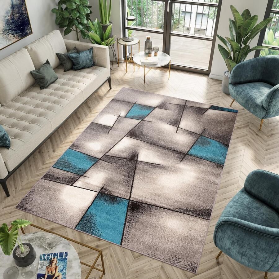 Tapiso Fiesta Vloerkleed Blauw Woonkamer Abstract Tapijt Maat- 80x150