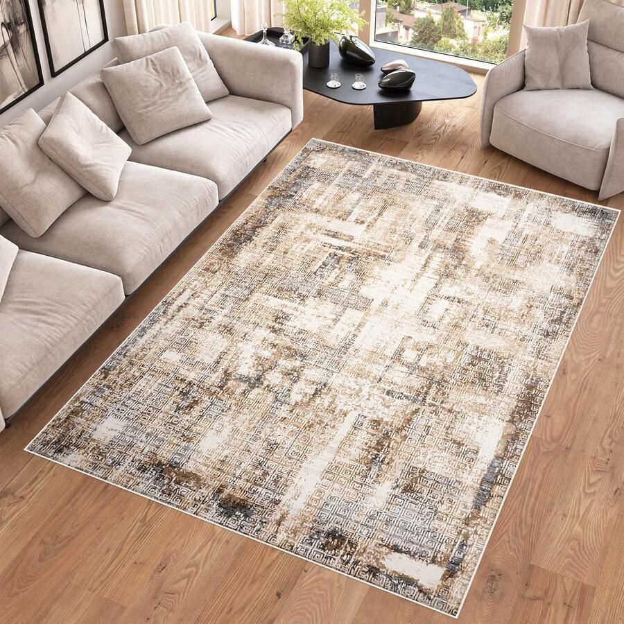 Tapiso Hera Vloerkleed Beige Bruin Laagpolig Woonkamer Gewreven Tapijt Maat- 200x300