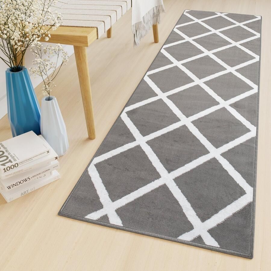 Tapiso Luxury Tapijtloper Grijs Wit Geruit Modern Gang Woonkamer Vloerkleed Maat- 100x650