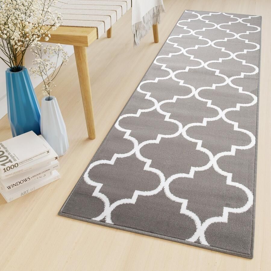 Tapiso Luxury Tapijtloper Grijs Wit Oosters Gang Woonkamer Vloerkleed Maat- 80x650