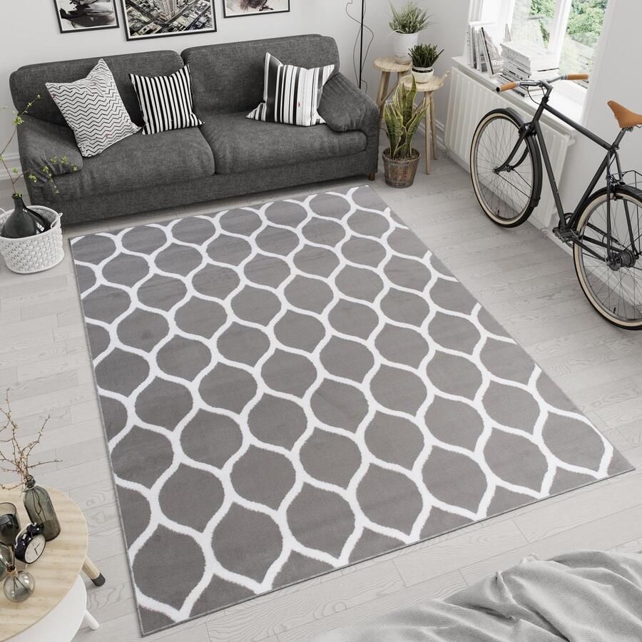 Tapiso Luxury Vloerkleed Grijs Modern Woonkamer Trellis Tapijt Maat- 120x170