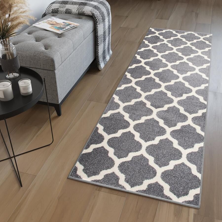 Tapiso Maroko Tapijt Loper Grijs Wit Marokkaanse Trellis Woonkamer Slaapkamer Hal Maat 60x700
