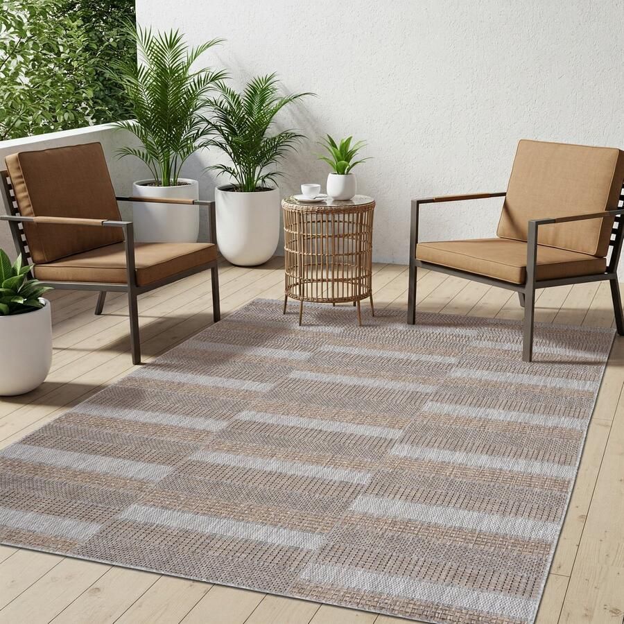 Tapiso Melissa Buitenkleed Buitentapijt Lichtgrijs Bruin Vloerkleed Binnen Buiten Kleed Tapijt Maat- 120x170 - Foto 3