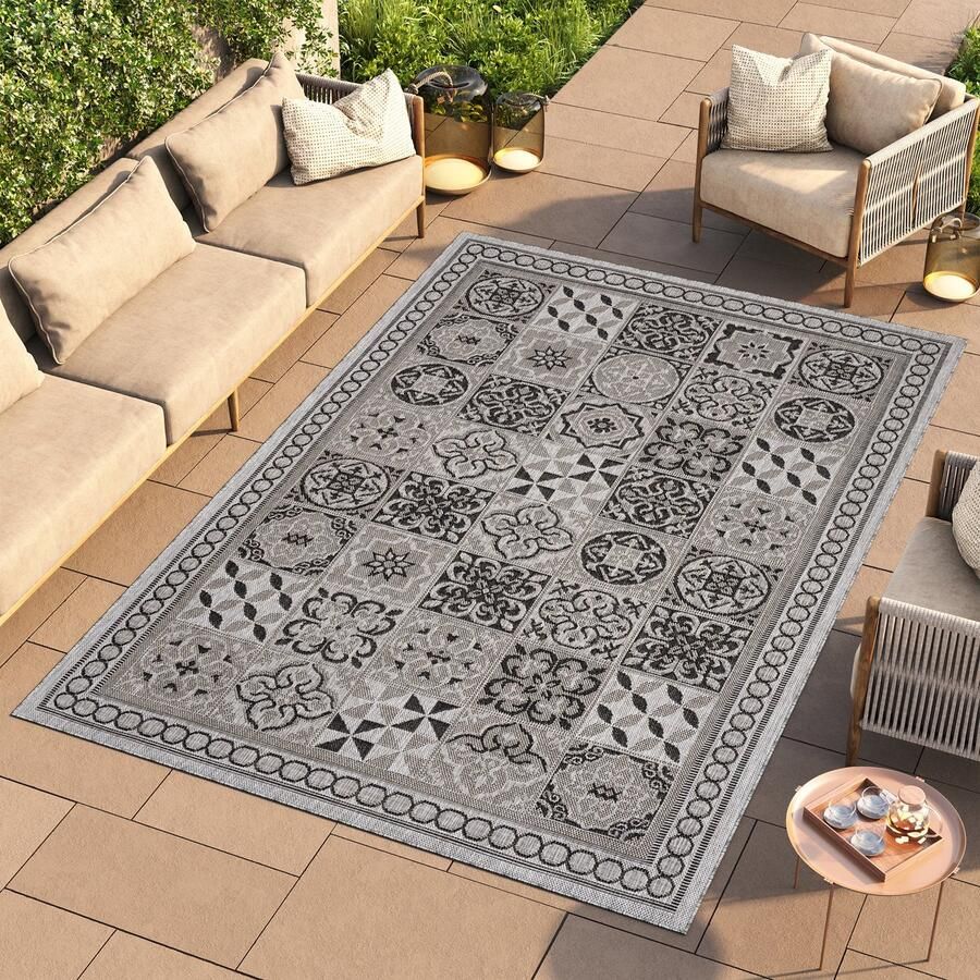 Tapiso Melissa Vloerkleed Grijs Indoor Outdoor Laagpolig Mozaiek Tapijt Maat- 140x200