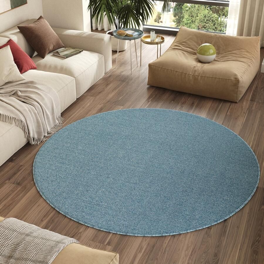 Tapiso Nizza Rond Vloerkleed Blauw Antislip Waasbaar Laagpolig Tapijt Kleed Maat- 240x240