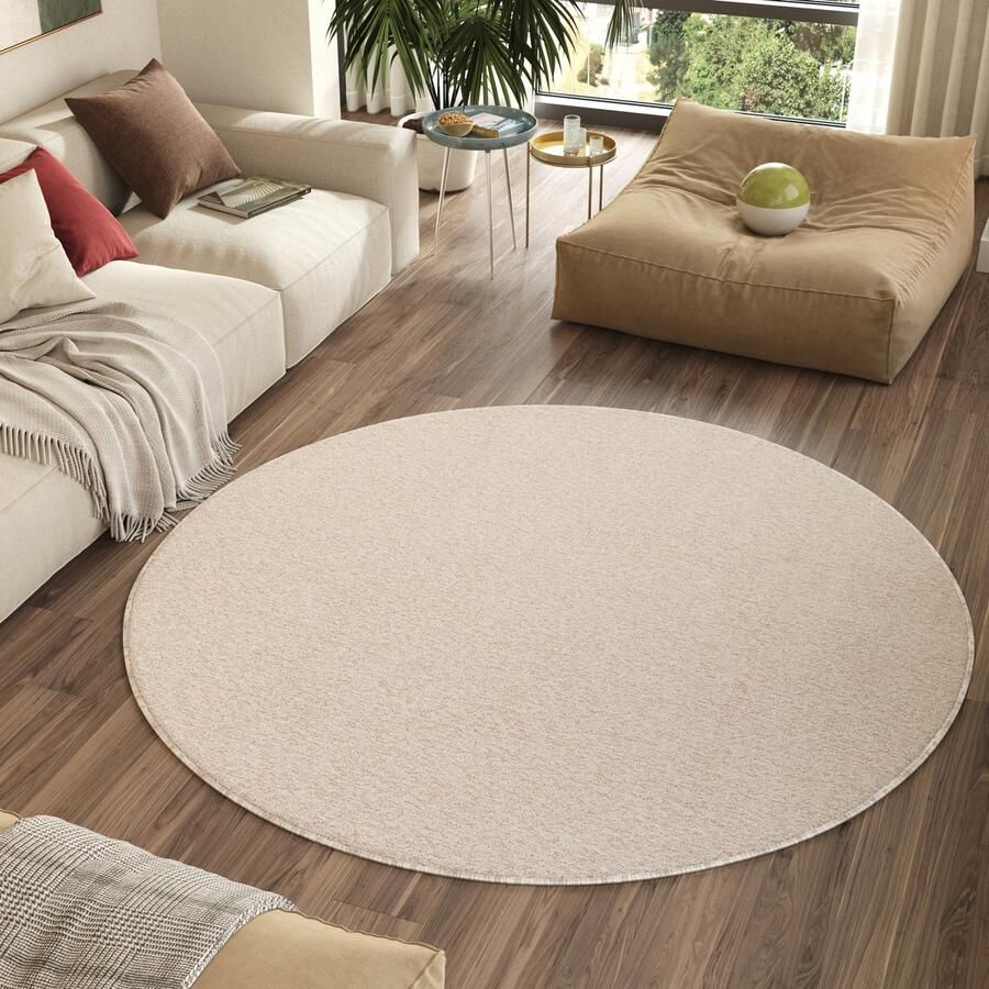 Tapiso Nizza Rond Vloerkleed Creme Antislip Waasbaar Laagpolig Tapijt Maat- 240x240