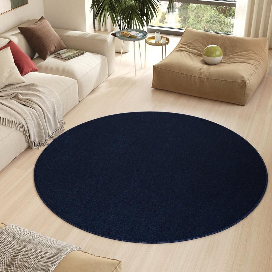 Tapiso Nizza Rond Vloerkleed Navy Antislip Waasbaar Laagpolig Tapijt Kleed Maat- 100x100